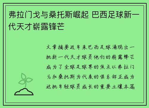 弗拉门戈与桑托斯崛起 巴西足球新一代天才崭露锋芒