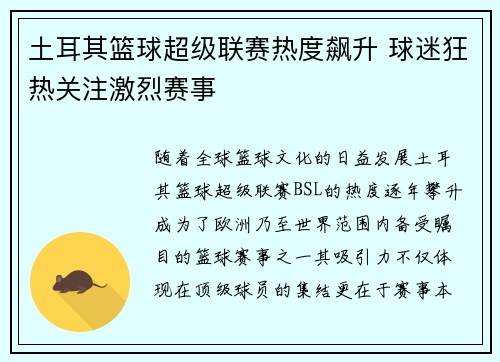 土耳其篮球超级联赛热度飙升 球迷狂热关注激烈赛事